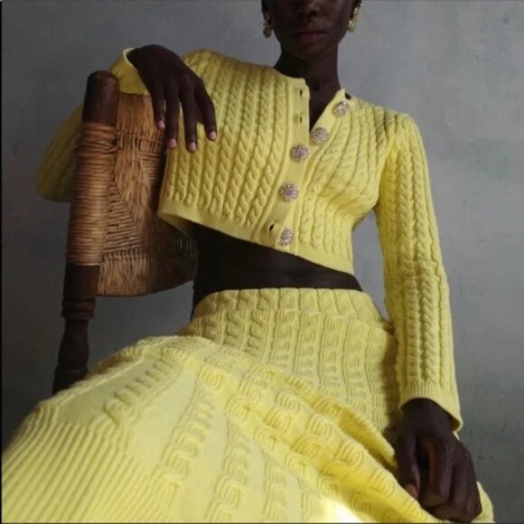 Ronny Kobo Cable Knit Midi Skirts Cream Yellow Stretch Small - Picture 6 of 6